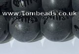 CAA3673 15.5 inches 12mm round matte & carved black agate beads