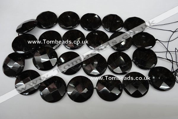 CAG4025 15.5 inches 30mm faceted coin black agate beads
