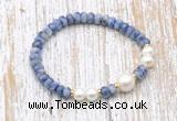 CFB720 faceted rondelle blue spot stone & potato white freshwater pearl stretchy bracelet