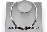CFN127 potato white freshwater pearl & black banded agate necklace, 16 - 24 inches