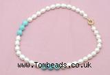 CFN326 9 - 10mm rice white freshwater pearl & blue howlite necklace wholesale