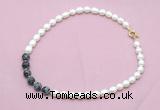 CFN439 9 - 10mm rice white freshwater pearl & snowflake obsidian necklace