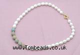 CFN457 9 - 10mm rice white freshwater pearl & serpentine jasper necklace