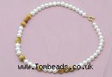 CFN526 9mm - 10mm potato white freshwater pearl & golden tiger eye necklace