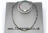 CFN635 4mm faceted round Indian agate & potato white freshwater pearl jewelry set