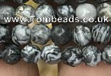 CPJ640 15.5 inches 4mm faceted round grey picture jasper beads