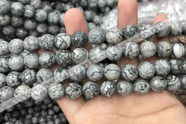CPJ644 15.5 inches 12mm faceted round grey picture jasper beads