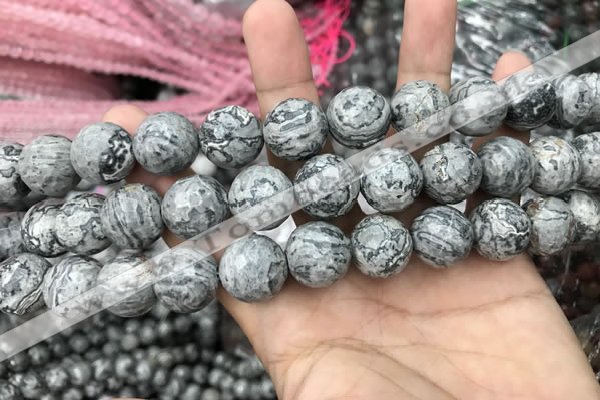CPJ646 15.5 inches 16mm faceted round grey picture jasper beads