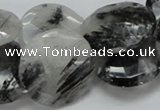 CRU05 15.5 inches 25mm faceted flat round black rutilated quartz beads