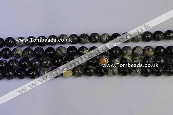 CSL214 15.5 inches 12mm round black silver leaf jasper beads