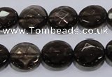 CSQ125 15.5 inches 14mm faceted flat round grade AA natural smoky quartz beads