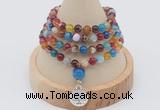 GMN2400 Hand-knotted 6mm colorful banded agate 108 beads mala necklace with charm