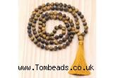 GMN8724 Hand-Knotted 8mm, 10mm Matte Yellow Tiger Eye 108 Beads Mala Necklace