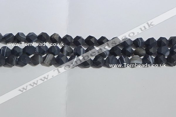 CAA1244 15.5 inches 10mm faceted nuggets matte black line agate beads