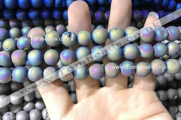 CAA1318 15.5 inches 10mm round matte plated druzy agate beads