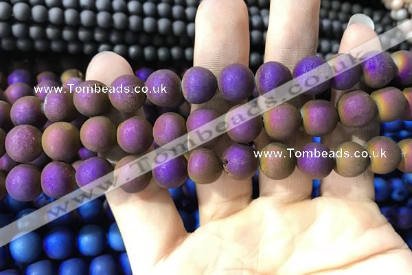 CAA1334 15.5 inches 12mm round matte plated druzy agate beads