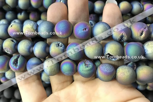 CAA1379 15.5 inches 16mm round matte plated druzy agate beads