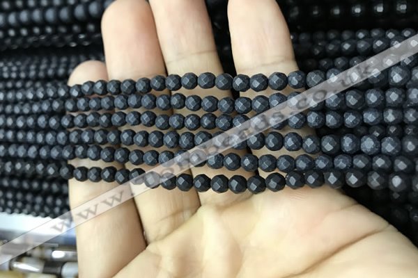 CAA2436 15.5 inches 3mm faceted round matte black agate beads