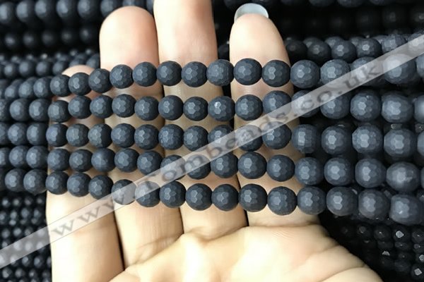 CAA2438 15.5 inches 6mm faceted round matte black agate beads