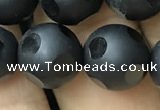 CAA2462 15.5 inches 14mm carved round matte black agate beads