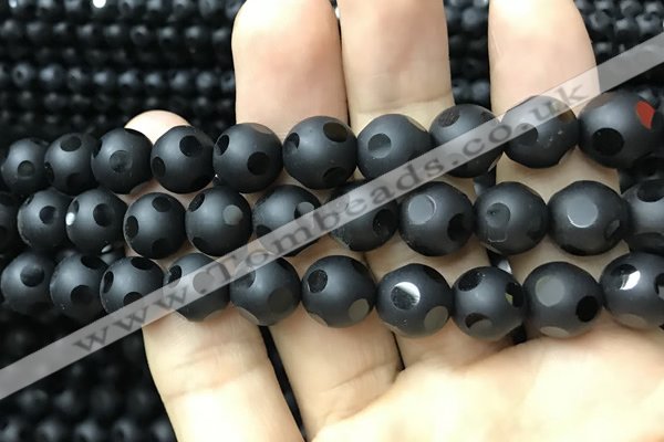 CAA2462 15.5 inches 14mm carved round matte black agate beads