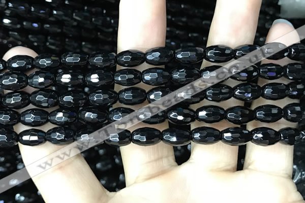 CAA2498 15.5 inches 6*9mm faceted rice black agate beads wholesale