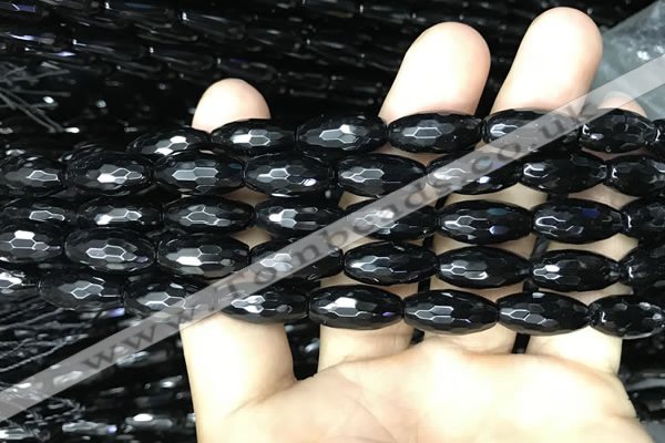 CAA2500 15.5 inches 6*16mm faceted rice black agate beads wholesale