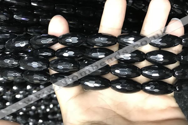 CAA2503 15.5 inches 10*20mm faceted rice black agate beads wholesale