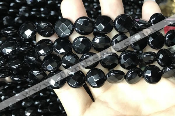 CAA2584 15.5 inches 18mm faceted coin black agate beads wholesale