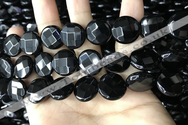 CAA2586 15.5 inches 25mm faceted coin black agate beads wholesale