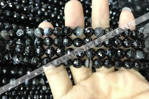 CAA2646 15.5 inches 8mm faceted round banded black agate beads