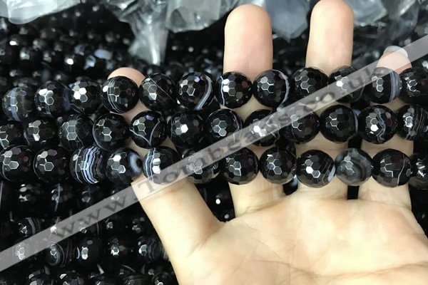 CAA2648 15.5 inches 12mm faceted round banded black agate beads