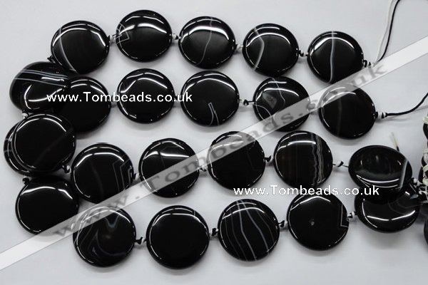 CAA265 15.5 inches 30mm flat round black line agate gemstone beads