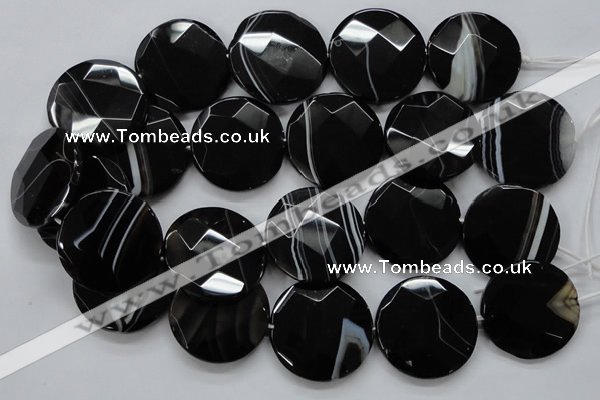 CAA280 15.5 inches 18mm faceted coin black line agate beads