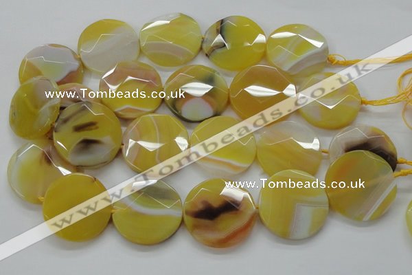 CAA328 15.5 inches 35mm faceted coin yellow line agate beads