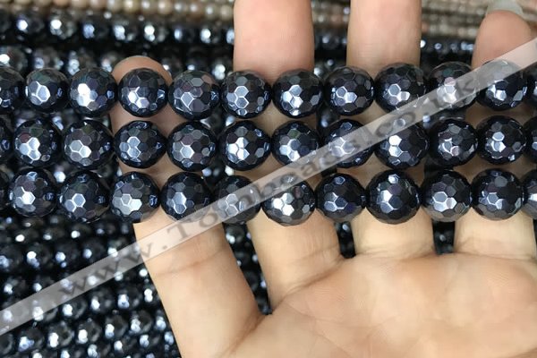 CAA3557 15.5 inches 10mm faceted round AB-color black agate beads