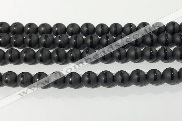 CAA3651 15.5 inches 8mm round matte & carved black agate beads