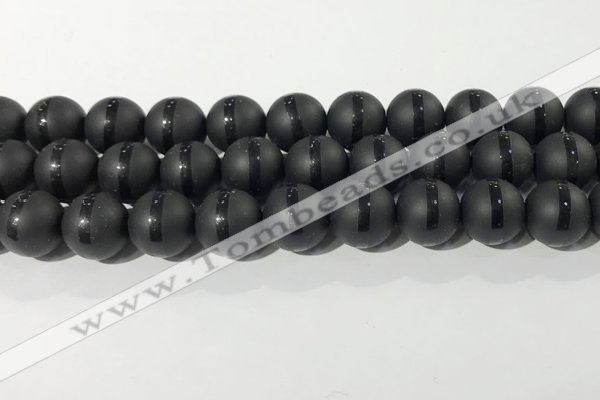 CAA3653 15.5 inches 12mm round matte & carved black agate beads