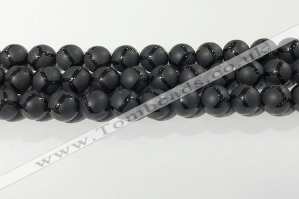 CAA3658 15.5 inches 12mm round matte & carved black agate beads