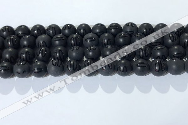 CAA3662 15.5 inches 10mm round matte & carved black agate beads