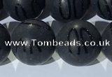 CAA3663 15.5 inches 12mm round matte & carved black agate beads