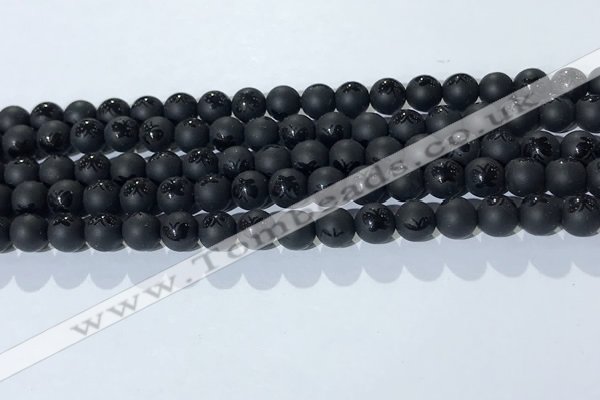 CAA3665 15.5 inches 6mm round matte & carved black agate beads