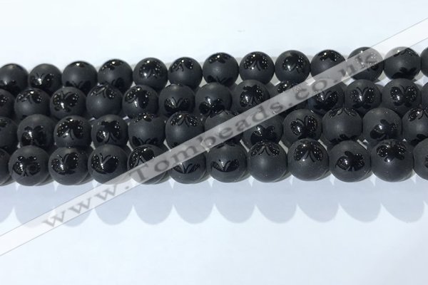 CAA3667 15.5 inches 10mm round matte & carved black agate beads