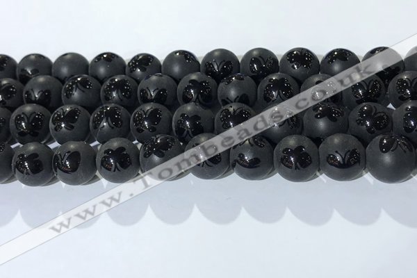 CAA3668 15.5 inches 12mm round matte & carved black agate beads