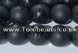 CAA3670 15.5 inches 6mm round matte & carved black agate beads