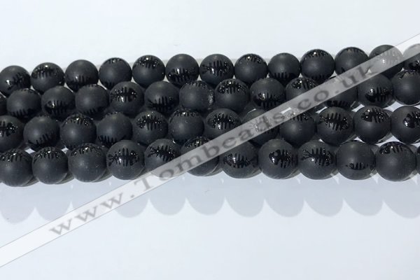 CAA3672 15.5 inches 10mm round matte & carved black agate beads