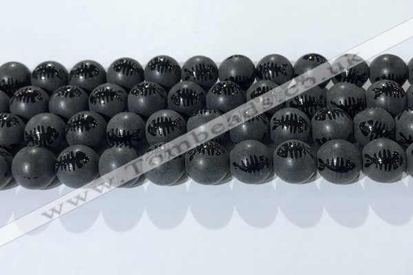 CAA3673 15.5 inches 12mm round matte & carved black agate beads