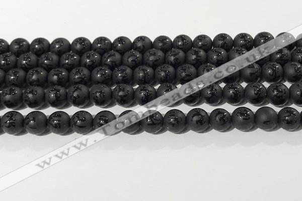 CAA3675 15.5 inches 6mm round matte & carved black agate beads