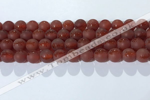 CAA3688 15.5 inches 10mm round matte & carved red agate beads