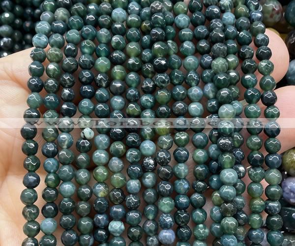 CAA6459 15 inches 4mm faceted round moss agate beads wholesale